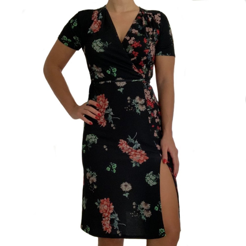 Floral Wrap Dress with Leg Slit